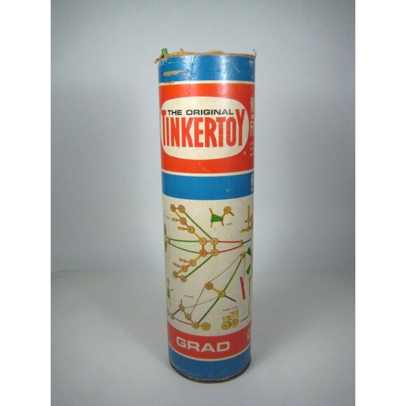 Vintage Original TinkerToy Construction Set  Canister Wooden Incomplete - Picture 1 of 16